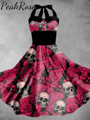 Women’s Punk Floral Skull Print Elegant Sling Dress