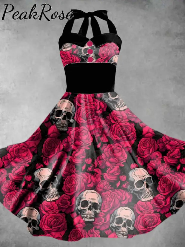 Women’s Punk Floral Skull Print Elegant Sling Dress As Picture / S