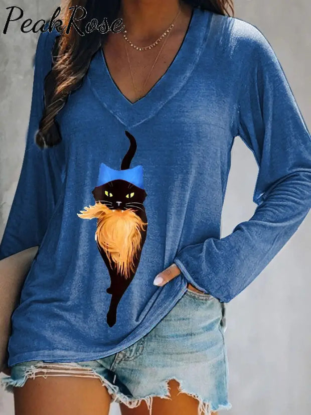 Women’s Pussy Hat Cat&Orange Feminist Print V-Neck T-Shirt Blue / S Hot Sell