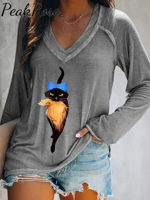 Women’s Pussy Hat Cat&Orange Feminist Print V-Neck T-Shirt Grey / S Hot Sell