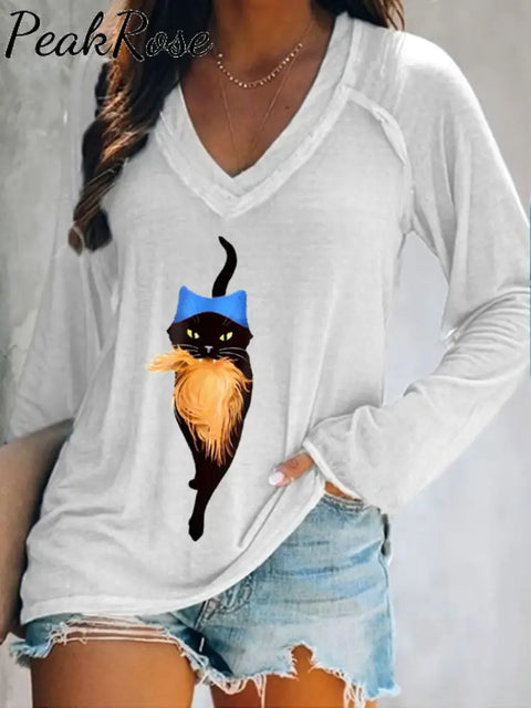 Women’s Pussy Hat Cat&Orange Feminist Print V-Neck T-Shirt White / S Hot Sell