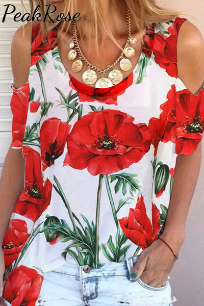 Women’s Red Roman Poppy Print Cold Shoulder T-Shirt T-Shirt