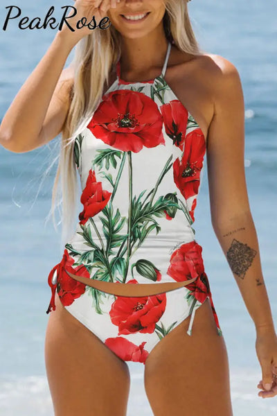 Women’s Red Roman Poppy Print Halter Swimsuit