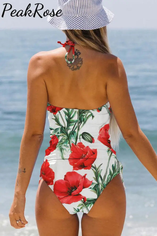 Women’s Red Roman Poppy Print Halter Swimsuit