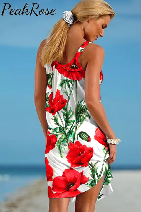 Women’s Red Roman Poppy Print Sleeveless Dress