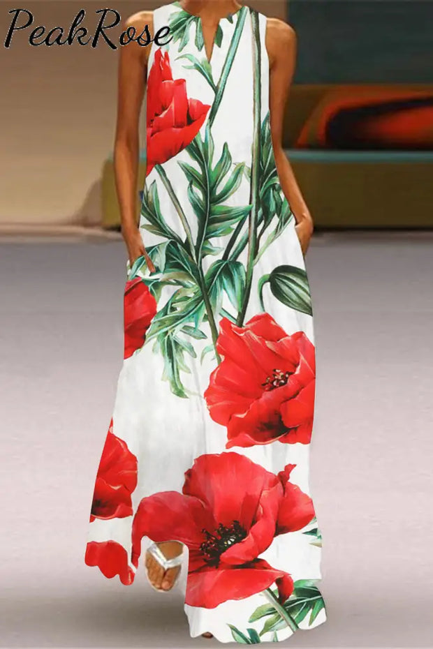 Women’s Red Roman Poppy Print Sleeveless Maxi Dress