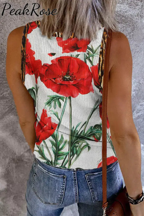 Women’s Red Roman Poppy Print V-Neck Tank Top