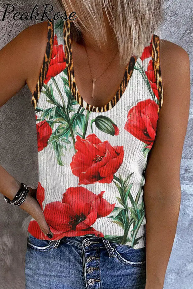 Women’s Red Roman Poppy Print V-Neck Tank Top