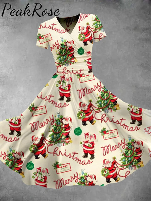 Women’s Retro Christmas Santa Print Casual Dress Multicolor / S