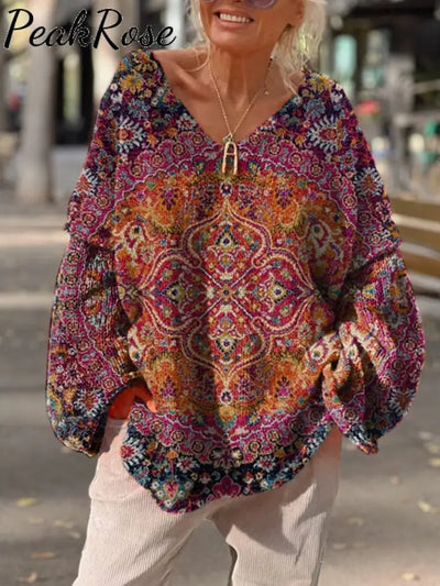 Women’s Retro Ethnic Floral Pattern Printed Casual Loose Sweater