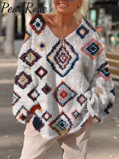 Women’s Retro Ethnic Style Geometric Pattern Printed Casual Loose Sweater