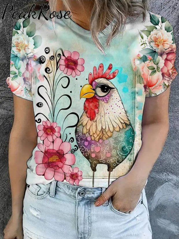 Women’s Retro Floral Chicken Art Illustration Print Casual Round Neck T-Shirt As Picture / S