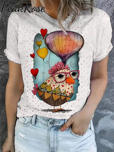 Women’s Retro Floral Chicken Art Illustration Print Casual Round Neck T-Shirt As Picture / S