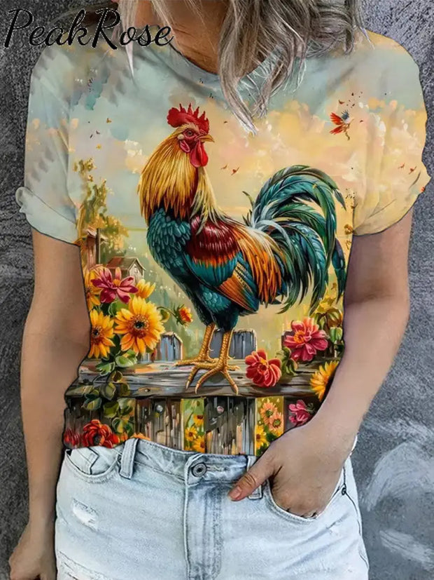 Women’s Retro Floral Chicken Art Illustration Print Casual Round Neck T-Shirt S