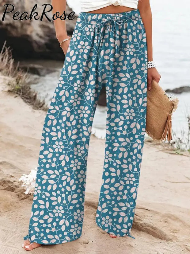 Women’s Retro Flowers Printed Cotton And Linen Casual Pants Blue / S Hot Sell