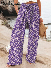 Women’s Retro Flowers Printed Cotton And Linen Casual Pants Purple / S Hot Sell