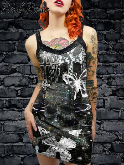 Women’s Retro Punk Skull Art Illustration Printed Cotton Slim Fit Suspender Dress