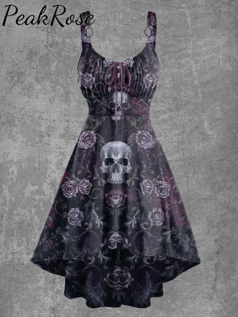 Women’s Retro Skull Floral Halloween Print Suspender Dress