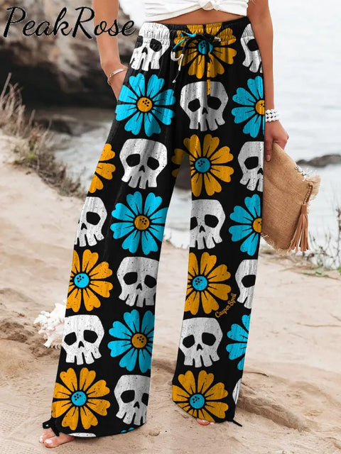 Women’s Retro Skull Flowers Printed Cotton And Linen Casual Pants Multicolor / S Hot Sell