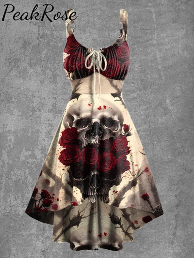 Women’s Retro Skull Halloween Print Suspender Dress