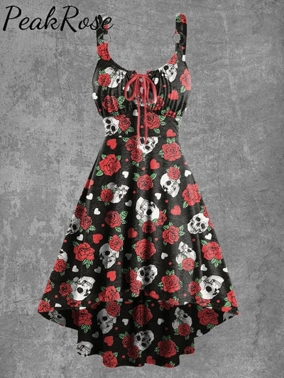 Women’s Retro Skull Halloween Print Suspender Dress