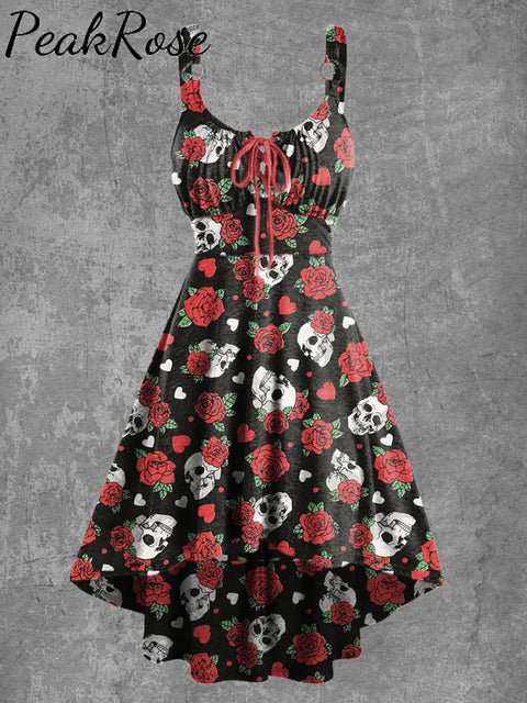 Women’s Retro Skull Halloween Print Suspender Dress As Picture / S