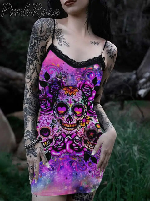 Women’s Retro Starry Sky Skull Lace V-Neck Suspender Dress S