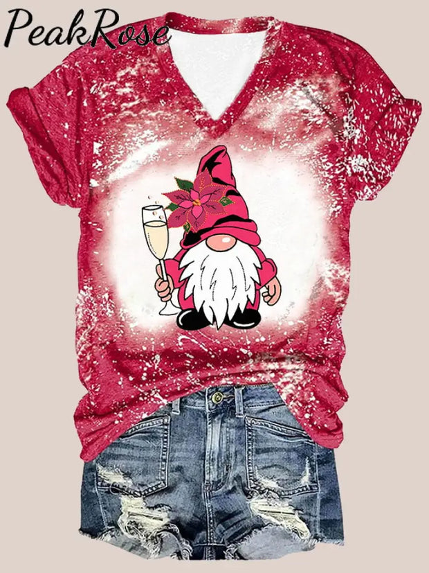 Women’s Santa Claus Champagne Print V-Neck T-Shirt Burgundy / S Christmas