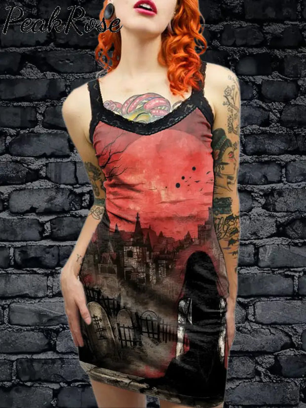 Women’s Sexy Gothic Print Lace Slim Fit Suspender Dress