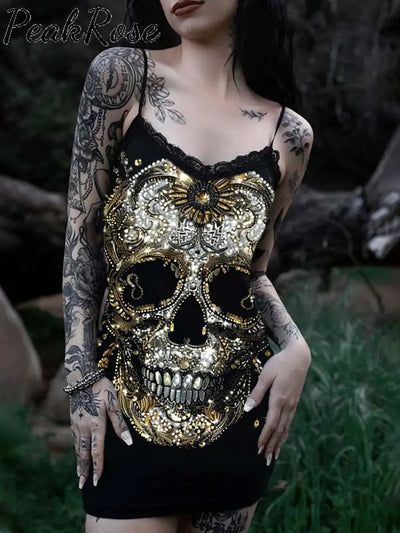 Women’s Sexy Punk Sequin Skull Print Cotton Slim Fit Suspender Dress