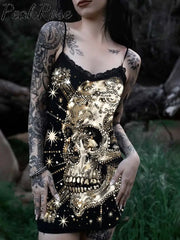 Women’s Sexy Punk Sequin Skull Print Cotton Slim Fit Suspender Dress