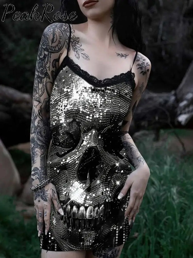 Women’s Sexy Punk Sequin Skull Print Cotton Slim Fit Suspender Dress