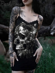 Women’s Sexy Punk Sequin Skull Print Cotton Slim Fit Suspender Dress