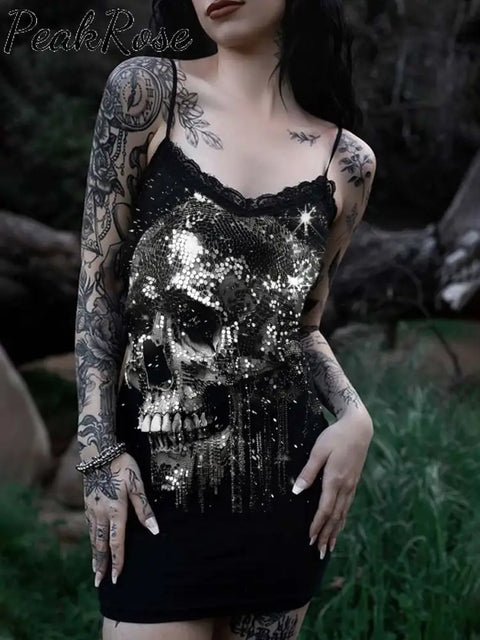 Women’s Sexy Punk Sequin Skull Print Cotton Slim Fit Suspender Dress As Picture / S