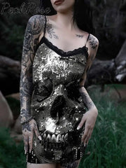 Women’s Sexy Punk Sequin Skull Print Cotton Slim Fit Suspender Dress As Picture / S