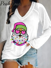 Women’s Shiny Santa Print Long Sleeve V-Neck T-Shirt Christmas