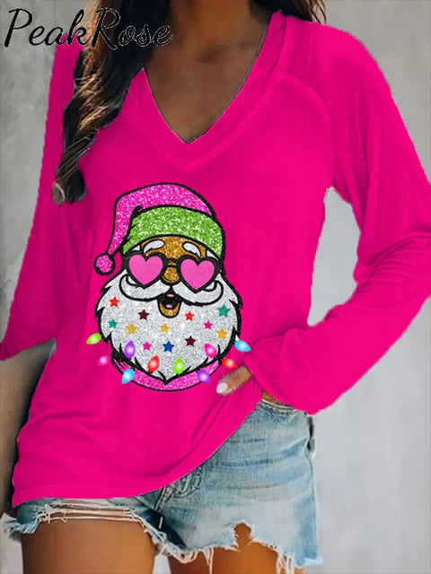 Women’s Shiny Santa Print Long Sleeve V-Neck T-Shirt Fuchsia / S Christmas