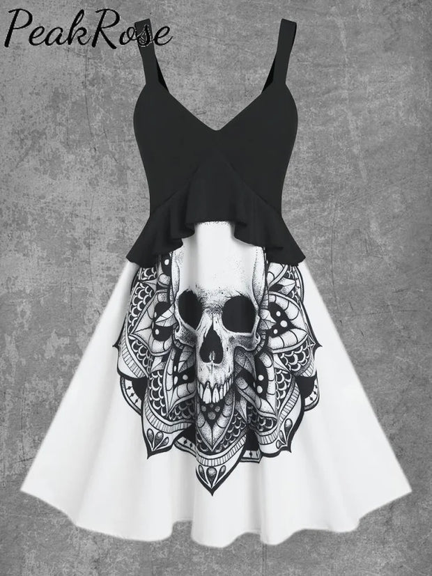 Women’s Skull Print Sexy Suspender Mini Skirt As Picture / S