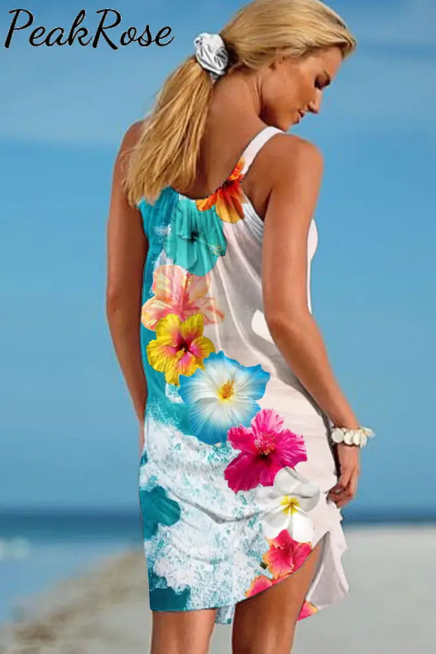 Women’s Summer Hawaiian Beach Print Casual Suspender Dress