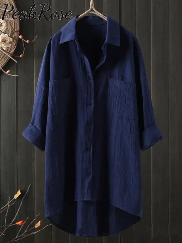 Women’s Temperament Solid Color And Linen Shirt Loose Top Blue / S Hot Sell