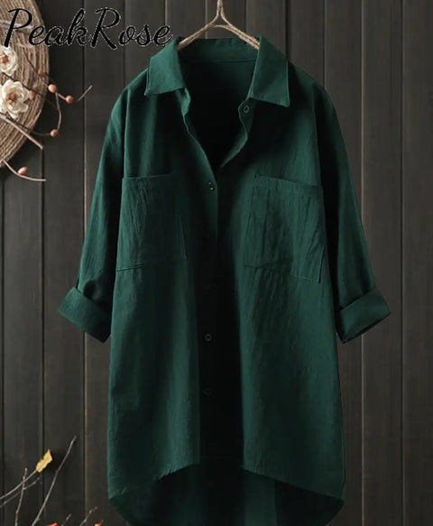 Women’s Temperament Solid Color And Linen Shirt Loose Top Green / S Hot Sell