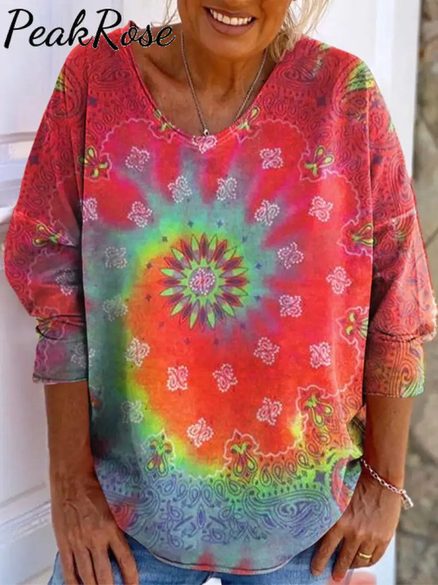 Women’s Tie-Dye Floral Art Print Long Sleeve T-Shirt Multicolor / S Hot Sell