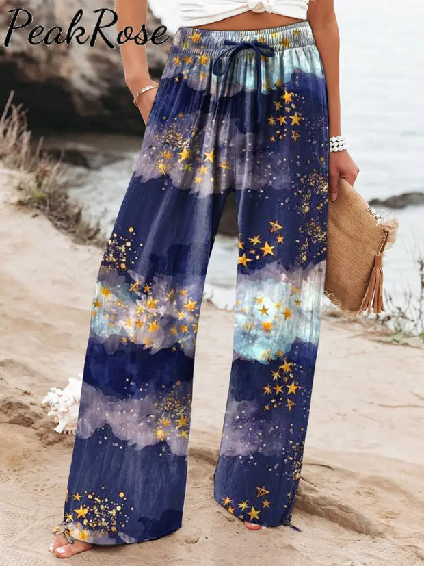 Women’s Vacation Deep Purple Night Sky Nebula Art Printed Cotton And Linen Casual Pants