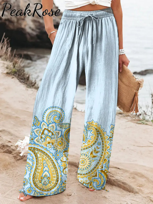 Women’s Vacation Light Blue Paisley Retro Pattern Printed Cotton And Linen Casual Pants