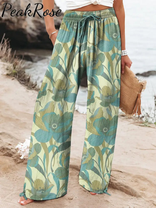 Women’s Vacation Light Green Floral Plant Retro Art Pattern Printed Cotton And Linen Casual Pants