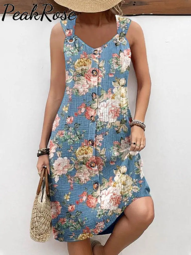 Women’s Vintage Art Floral Print Casual Suspender Dress