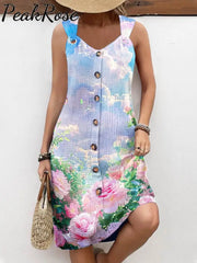 Women’s Vintage Art Floral Print Casual Suspender Dress