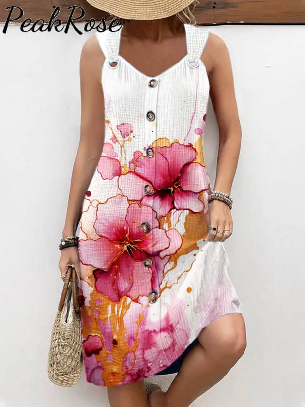 Women’s Vintage Art Floral Print Casual Suspender Dress