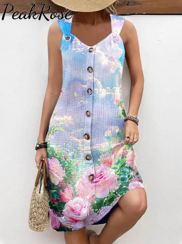 Women’s Vintage Art Floral Print Casual Suspender Dress As Picture / S