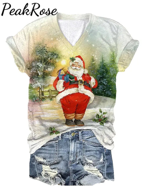 Women’s Vintage Christmas Santa Print T-Shirt Christmas